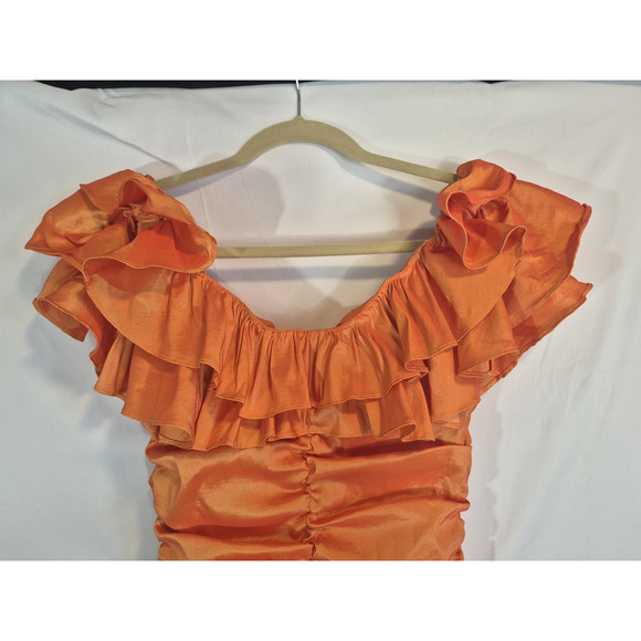 New Lovers & Friends Orange Nikolina Ruffled Off the Shoulder Ruched Dress Small - Picture 5 of 8